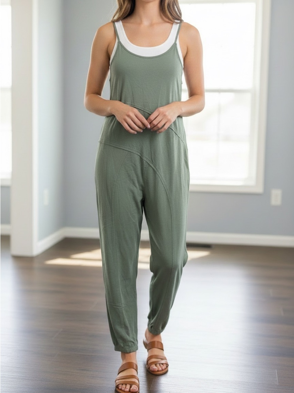 New In Very J- Sage Green Sleeveless Jumpsuit with Tank Layer